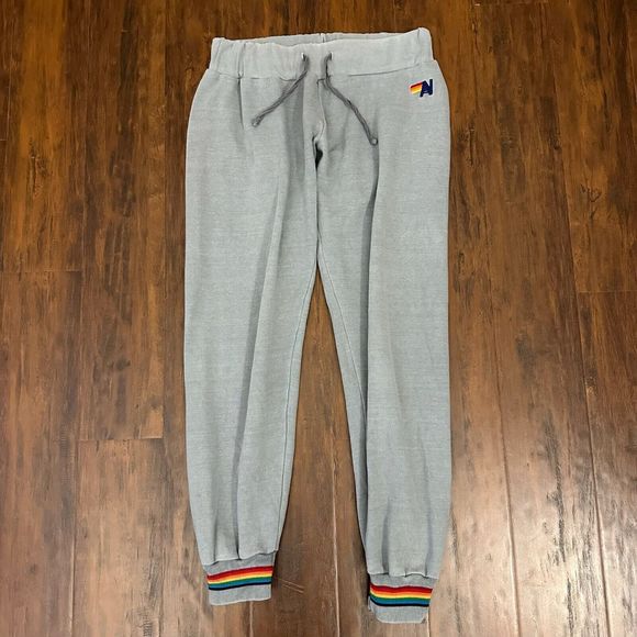 AVIATOR NATION Rainbow Ribbed Trim Sweatpants in Grey *RARE* - Picture 1 of 10